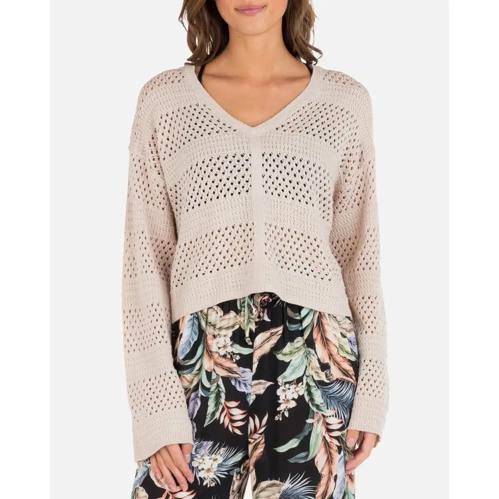 Hurley Women's Easy Times Crochet Cropped Pullover Sweater Moonlight Tan Size XS